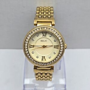 Womens Relic By Fossil Watch 32mm Gold Tone Crystals New Battery ZR34138